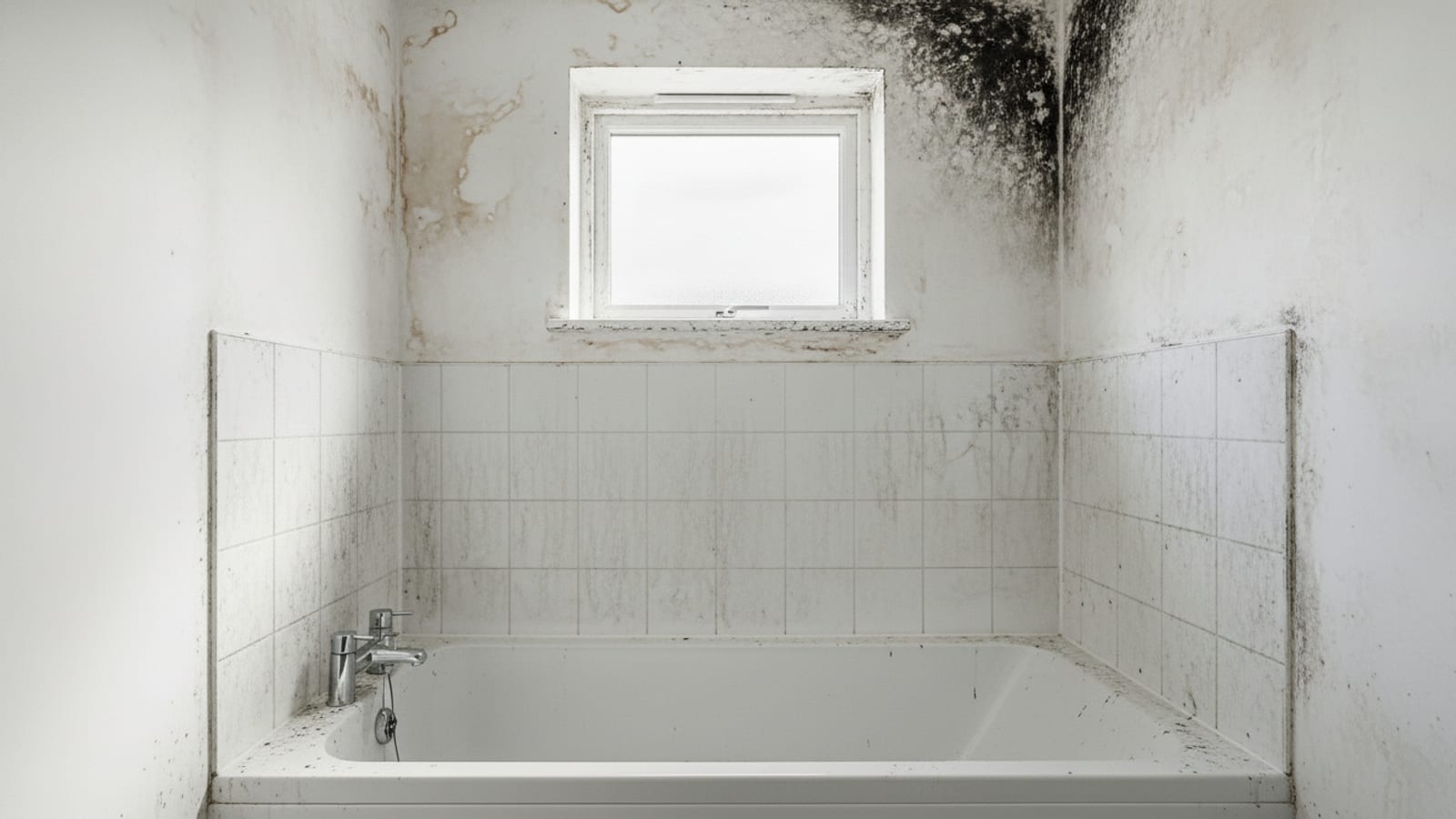A bathroom corner with heavy black mould on the grout and ceiling