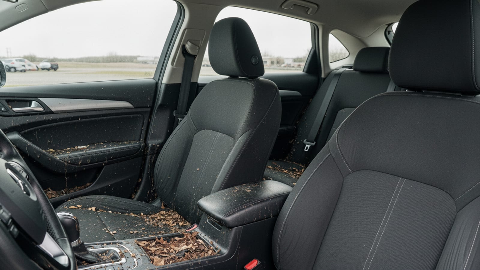 A stained and dusty car interior before valeting