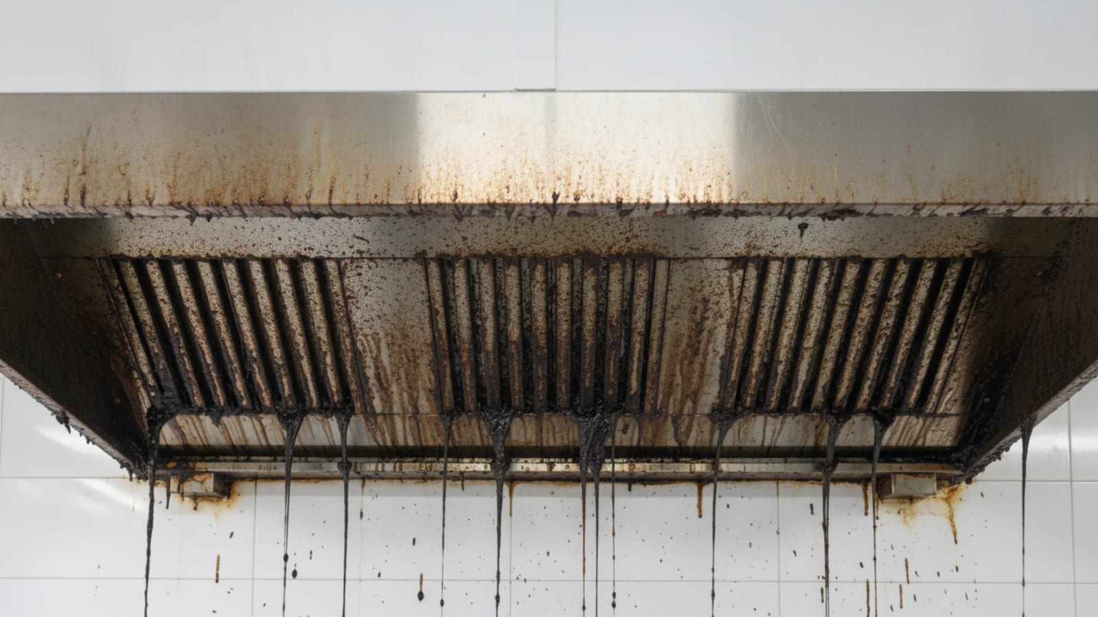 A commercial extraction canopy covered in baked-on grease