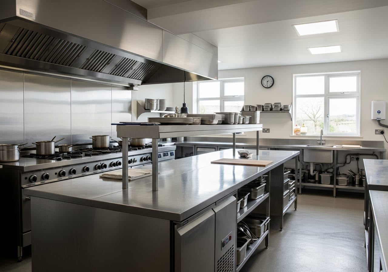 A gleaming, professionally deep-cleaned commercial kitchen in South Devon